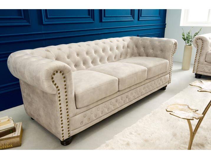 Chesterfield 3-Sitzer Sofa 200cm champagner beige, Samt, Taschenfederkern, Knopfheftung, klassisches Design von Riess-Ambiente.de