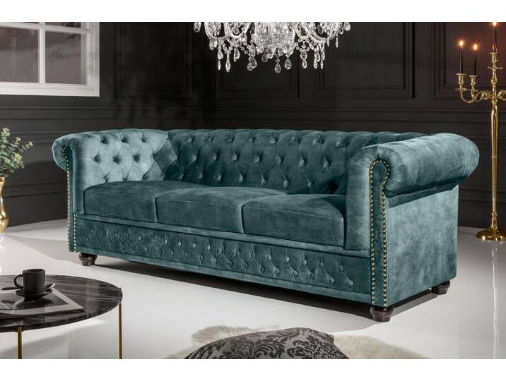 Chesterfield 3-Sitzer Sofa 205cm petrol Samt Federkern Goldnieten Knopfheftung Wohnzimmer von Riess-Ambiente.de