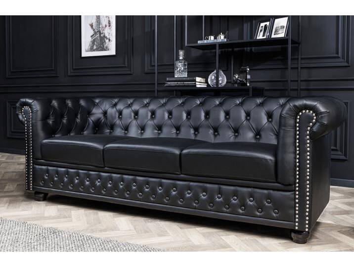 Chesterfield 3-Sitzer Sofa 205cm schwarz Kunstleder Nietenbesatz Federkern Wohnzimmer von Riess-Ambiente.de