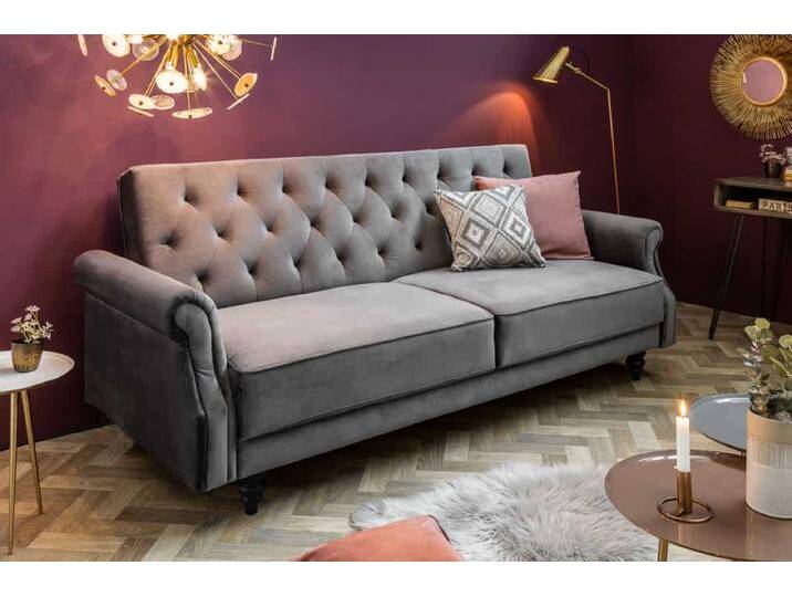 Chesterfield 3-Sitzer Sofa MAISON BELLE AFFAIRE 220cm grau Samt mit Schlaffunktion Wohnzimmer von Riess-Ambiente.de