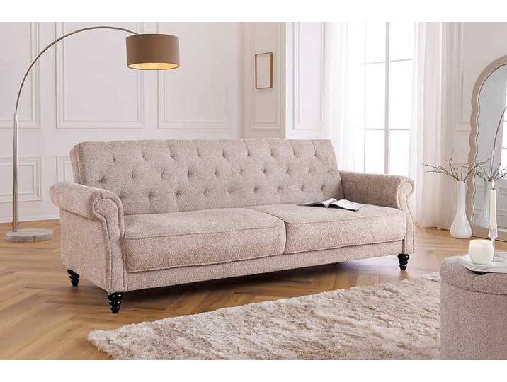 Chesterfield 3-Sitzer Sofa MAISON BELLE AFFAIRE 220cm greige Bouclé mit Schlaffunktion Wohnzimmer von Riess-Ambiente.de