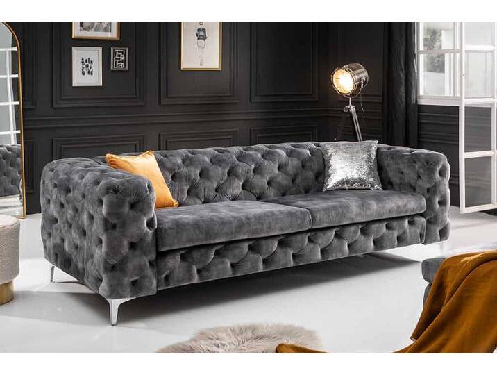 Chesterfield 3-Sitzer Sofa MODERN BAROCK 235cm dunkelgrau, Samt, Federkern, silberne Füße, elegant von Riess-Ambiente.de