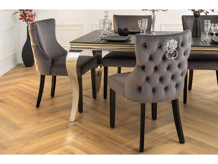 Chesterfield Stuhl CASTLE DELUXE grau Samt mit Löwenkopf Nieten Polsterstuhl Esszimmerstuhl Küchenstuhl Chesterfield Stuhl CASTLE DELUXE grau Samt mit Löwenkopf Nieten Polsterstuhl Esszimmerstuhl Küchenstuhl von Riess-Ambiente.de
