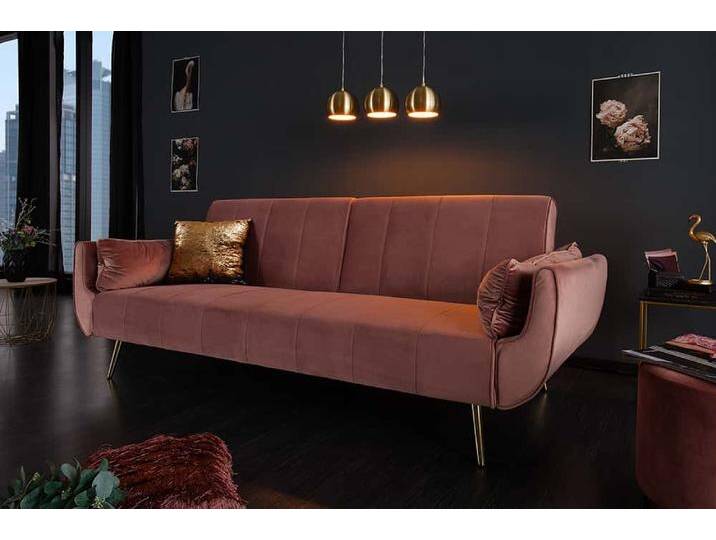 DIVANI Retro Schlafsofa 220cm altrosa Samt, goldene Metallfüße, 3-Sitzer mit Bettfunktion von Riess-Ambiente.de