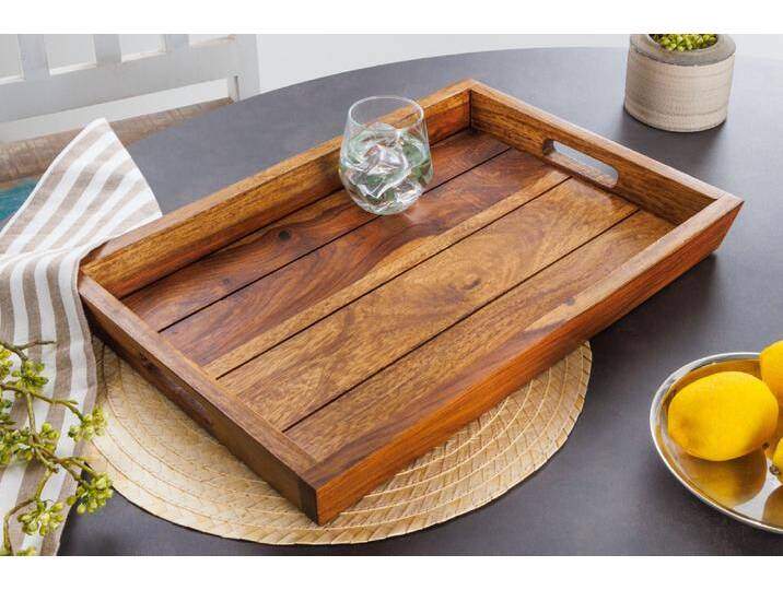 Dekoratives Tablett MAKASSAR 45cm braun Sheesham Massivholz stone finish Servierbrett rechteckig Landhaus Natur Rustikal von Riess-Ambiente.de
