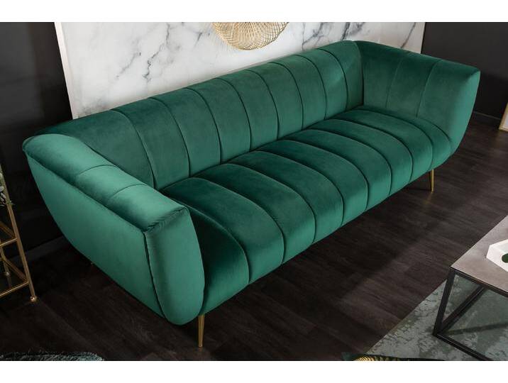 Design 3-Sitzer Sofa NOBLESSE 225cm smaragdgrün Samt Federkern goldene Metallfüße Wohnzimmer Glamour Retro von Riess-Ambiente.de