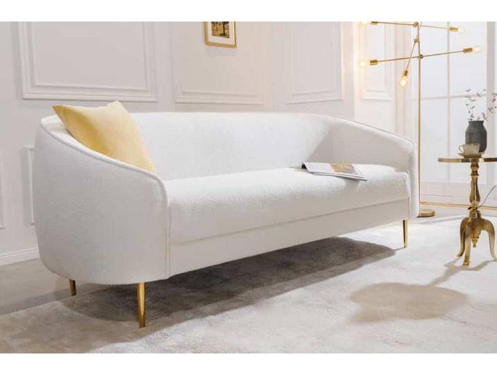 Design 3er Lounge Sofa DIVA 205cm weiß Bouclé 3-Sitzer Federkern Metallfüße gold Wohnzimmer Glamour Modern Retro von Riess-Ambiente.de