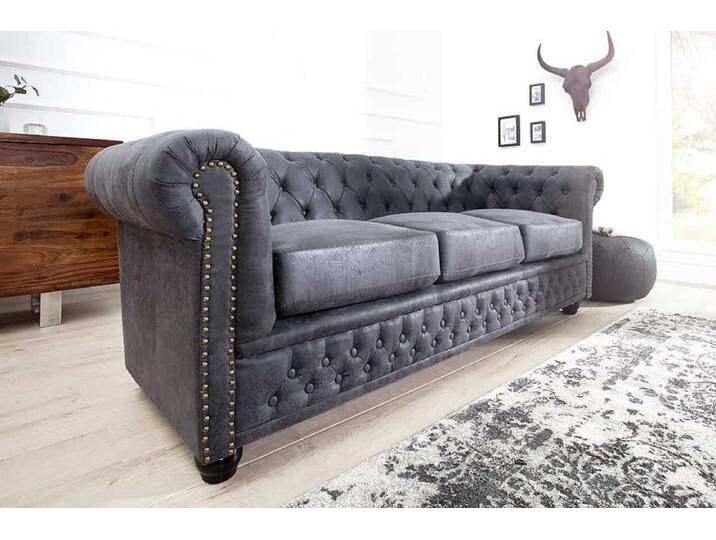 Design 3er Sofa CHESTERFIELD 200cm antik grau Federkern 3-Sitzer Loungesofa Wohnzimmer von Riess-Ambiente.de