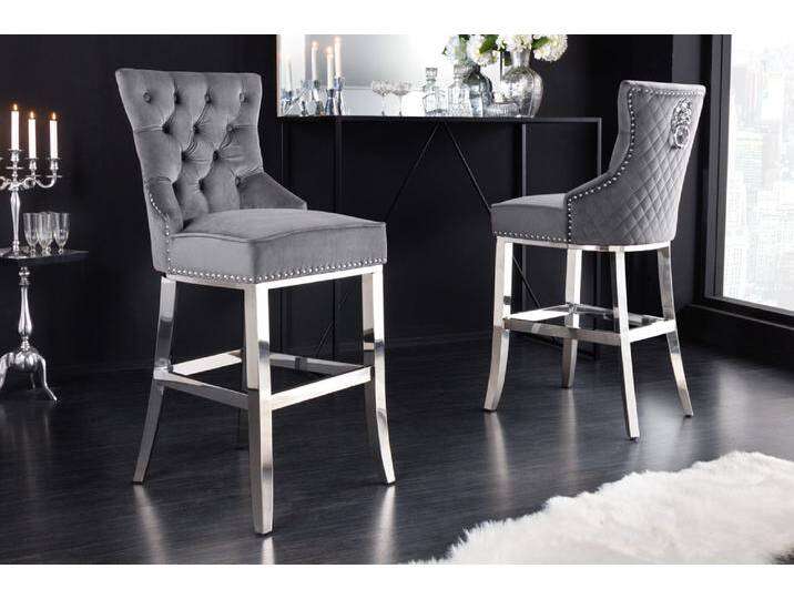 Design Barhocker CASTLE DELUXE grau Samt silber Edelstahl mit Lehne Chesterfield Polsterstuhl Esszimmerstuhl Küchenstuhl von Riess-Ambiente.de