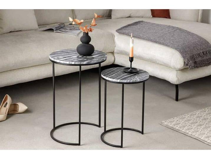 Design Beistelltisch 2er Set ELEMENTS 40cm grau Marmor schwarzes Gestell rund Satztisch Säulentisch Glamour Industrie & Loft Modern von Riess-Ambiente.de