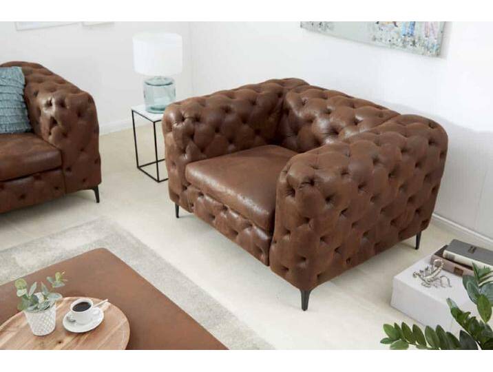 Design Chesterfield Sessel MODERN BAROCK 120cm antik braun Microfaser mit Federkern von Riess-Ambiente.de