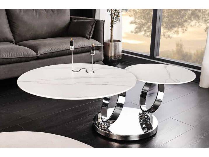 Design Couchtisch DANCING RINGS weiß rund drehbar Marmor Keramik Chrome Gestell Sofatisch Wohnzimmertisch Säulentisch Glamour Industrie & Loft Modern von Riess-Ambiente.de