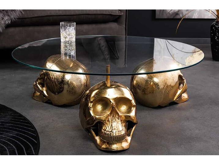 Design Couchtisch SKULL XXL 90cm gold rund Glasplatte Metall Totenkopf handmade Sofatisch Wohnzimmertisch Glamour Industrie & Loft Modern von Riess-Ambiente.de