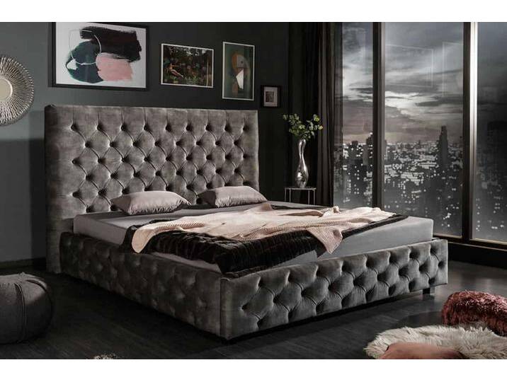 Design Doppelbett PARIS 160x200cm grau Samt Chesterfield Polsterbett von Riess-Ambiente.de