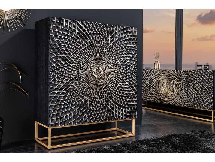 Design Highboard ILLUSION 120cm schwarz Mangoholz Massivholz mit 3D Schnitzereien gold Eisen Metallgestell Industrie & Loft Modern Natur Vintage von Riess-Ambiente.de