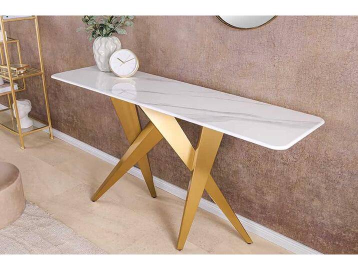 Design Konsolentisch ART LIVING 140cm weiß Marmor Keramik champagner gold brushed rechteckig Industrie & Loft Modern von Riess-Ambiente.de