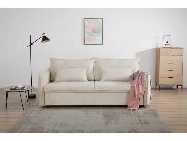 Design Schlafsofa APARTMENT 215cm beige Cord 3-Sitzer Couch inkl. Bettkasten Kissen Wohnzimmer Retro Vintage von Riess-Ambiente.de
