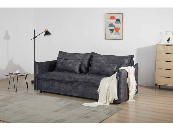 Design Schlafsofa APARTMENT 215cm grau Samt 3-Sitzer Couch inkl. Bettkasten Kissen Wohnzimmer Retro von Riess-Ambiente.de