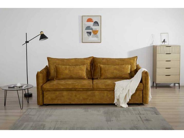 Design Schlafsofa APARTMENT 215cm senfgelb Samt 3-Sitzer Couch inkl. Bettkasten Wohnzimmer Retro von Riess-Ambiente.de