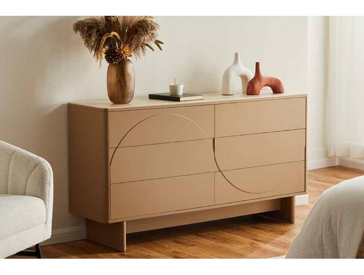 Design Sideboard SAVOY 150cm grau beige greige Keramik Travertin mit sechs Schubladen Modern Retro von Riess-Ambiente.de
