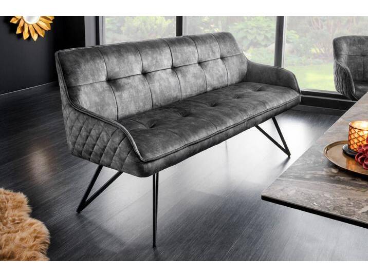 Design Sitzbank EUPHORIA 160cm dunkelgrau Samt Retrostil Ziersteppung Hairpin Legs Metallbeine Armlehnen von Riess-Ambiente.de