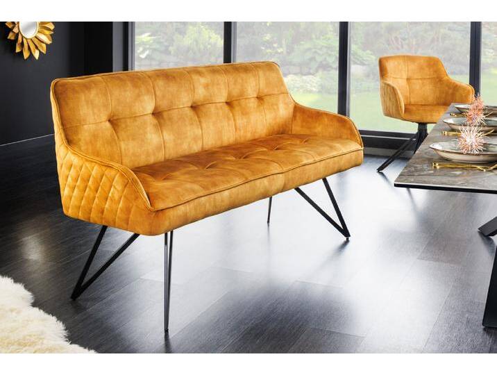 Design Sitzbank EUPHORIA 160cm senfgelb Samt Retrostil Ziersteppung Hairpin Legs Metallbeine Armlehnen von Riess-Ambiente.de