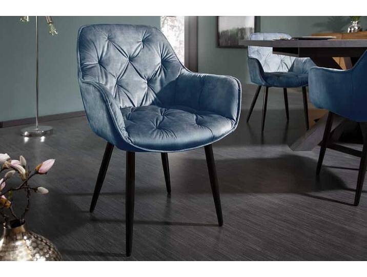 Design Stuhl MILANO petrol Samt mit Armlehne Ziersteppung gepolstert schwarze Metallbeine Esszimmerstuhl Küchenstuhl Chesterfield Glamour von Riess-Ambiente.de