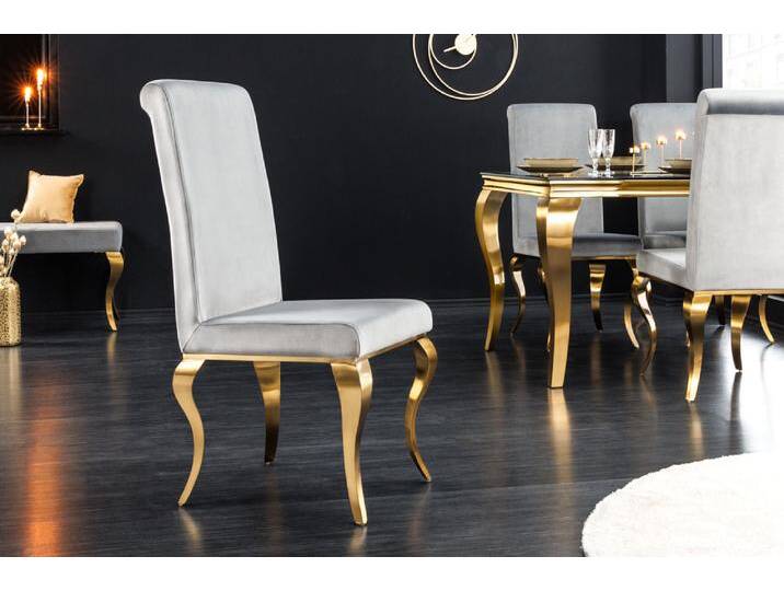 Design Stuhl MODERN BAROCK grau Samt goldene Stuhlbeine Polsterstuhl Esszimmerstuhl Küchenstuhl von Riess-Ambiente.de