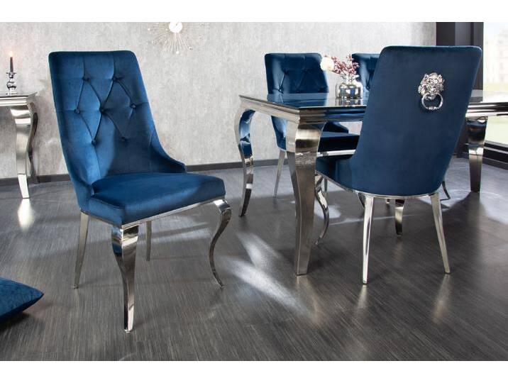 Design Stuhl MODERN BAROCK royalblau Samt mit silbernem Löwenkopf Polsterstuhl Esszimmerstuhl Küchenstuhl von Riess-Ambiente.de