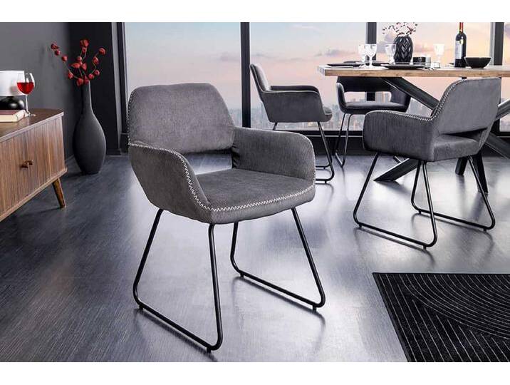 Design Stuhl MUSTANG grau Cord mit Armlehne schwarz Metall Polsterstuhl Esszimmerstuhl Küchenstuhl Industrie & Loft Modern Retro von Riess-Ambiente.de