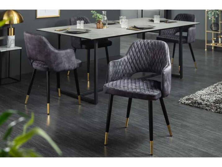 Design Stuhl PARIS grau Samt mit Armlehnen Ziersteppung goldene Fußkappen gepolstert Esszimmerstuhl Küchenstuhl Glamour Retro von Riess-Ambiente.de
