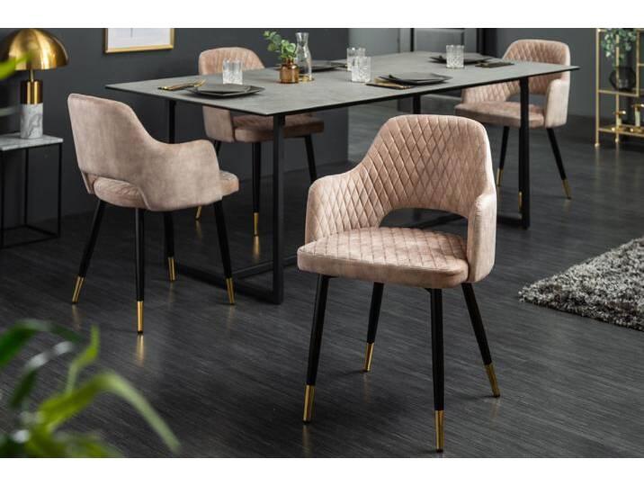 Design Stuhl PARIS greige Samt mit Armlehnen Ziersteppung goldene Fußkappen Polsterstuhl Esszimmerstuhl Küchenstuhl Glamour Retro von Riess-Ambiente.de