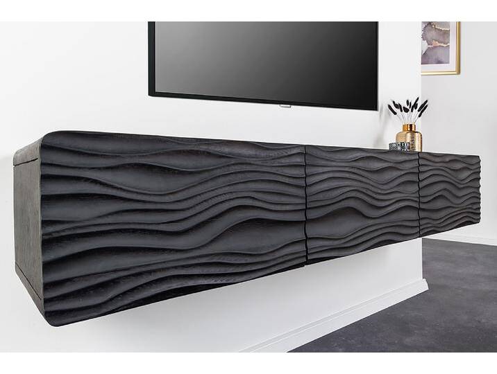 Design TV-Board WAVE 160cm schwarz Mangoholz mit 3D Schnitzereien hängend Retro Glamour Industrie & Loft Maritim Modern von Riess-Ambiente.de