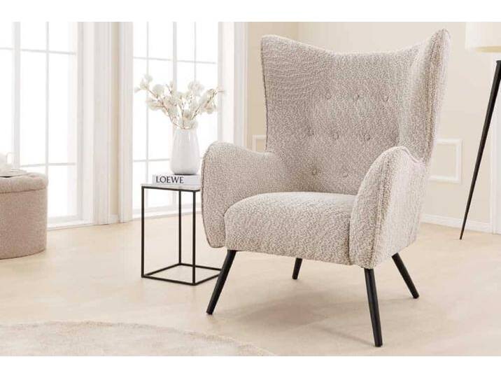 Design XL Sessel AMSTERDAM greige Bouclé schwarze Metallbeine Retro Stil von Riess-Ambiente.de