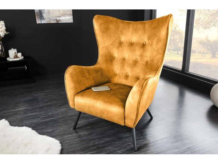 Design XL Sessel AMSTERDAM senfgelb Samt schwarze Metallbeine Retro Stil von Riess-Ambiente.de