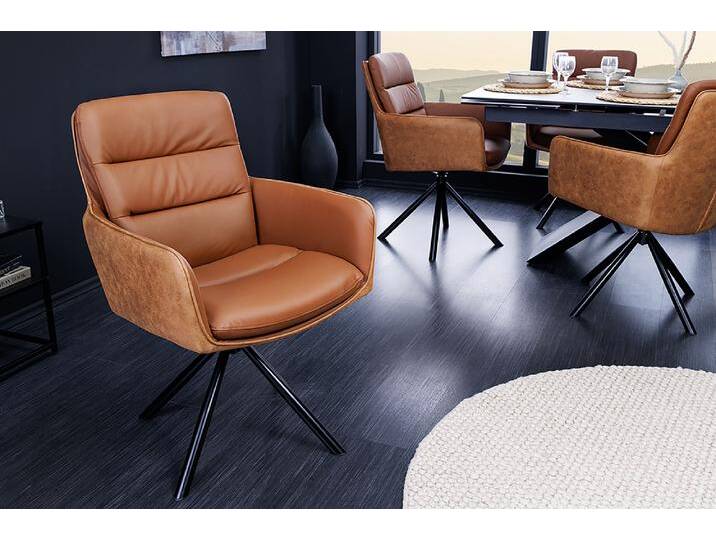 Drehbarer Design Stuhl BIG GEORGE cognac Echtleder Microfaser mit Armlehne Retro Polsterstuhl Esszimmerstuhl Küchenstuhl von Riess-Ambiente.de