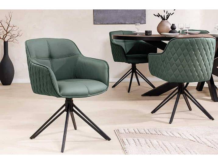 Drehbarer Design Stuhl EUPHORIA grün Echtleder schwarz Metallgestell mit Armlehne Polsterstuhl Esszimmerstuhl Küchenstuhl Glamour Retro von Riess-Ambiente.de