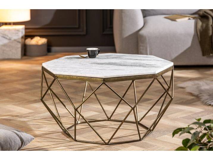 Eleganter Couchtisch DIAMOND 70cm weiß messing mit Marmorplatte rechteckig Sofatisch Wohnzimmertisch Säulentisch Glamour von Riess-Ambiente.de