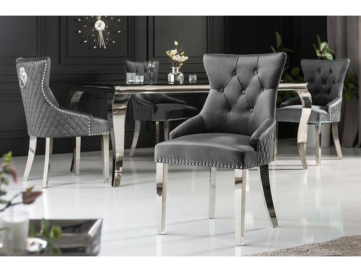 Eleganter Stuhl CASTLE DELUXE grau Samt Löwenkopf Chesterfield Design Esszimmerstuhl Nieten Polsterstuhl Eleganter Stuhl CASTLE DELUXE grau Samt Löwenkopf Chesterfield Design Esszimmerstuhl Nieten Polsterstuhl von Riess-Ambiente.de