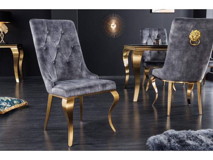 Eleganter Stuhl MODERN BAROCK grau Samt mit goldenem Löwenkopf Polsterstuhl Esszimmerstuhl Küchenstuhl Eleganter Stuhl MODERN BAROCK grau Samt mit goldenem Löwenkopf Polsterstuhl Esszimmerstuhl Küchenstuhl von Riess-Ambiente.de