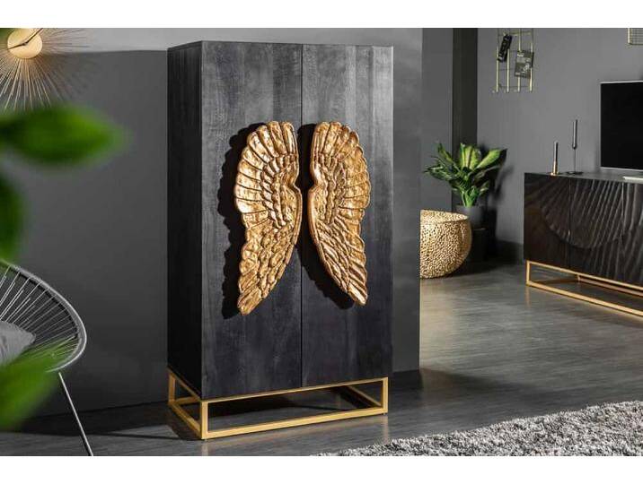 Extravagantes Highboard ANGEL 140cm schwarz Mangoholz mit goldenen Flügeln Glamour von Riess-Ambiente.de