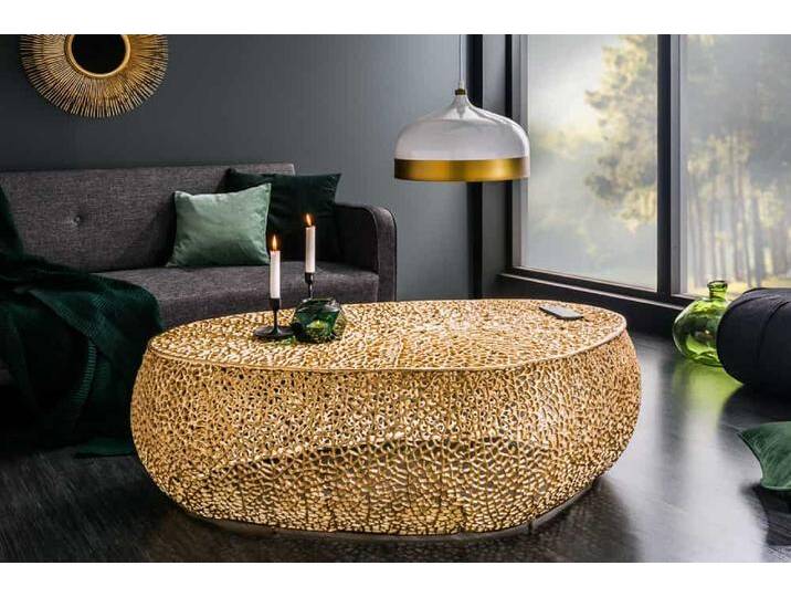 Filigraner Design Couchtisch ABSTRACT LEAF 120cm gold Handarbeit Sofatisch Wohnzimmertisch Säulentisch Glamour Modern von Riess-Ambiente.de