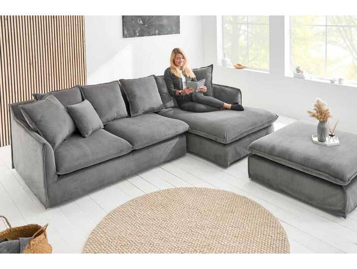 Großes Ecksofa HEAVEN 255cm grau Cord Federkern inkl. Kissen Wohnzimmer Landhaus Modern Retro von Riess-Ambiente.de