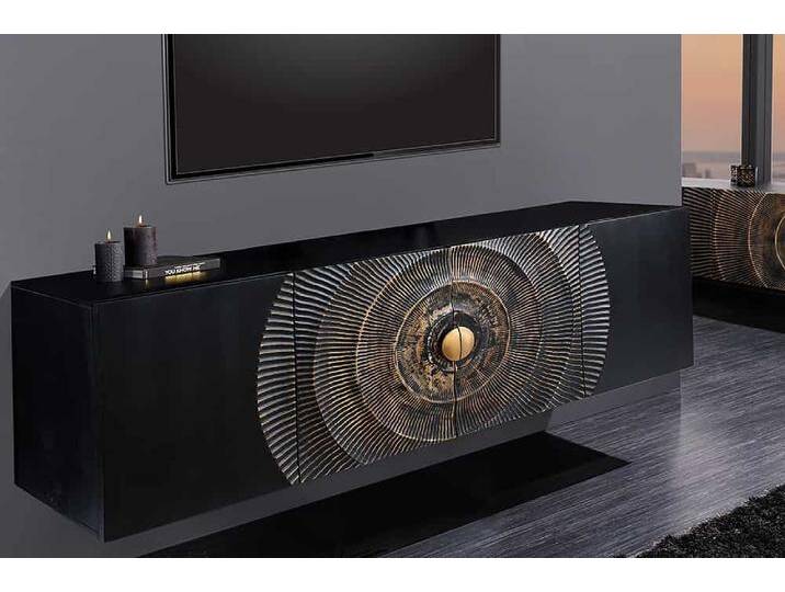 Hängendes Sideboard GOLDEN SUNSET 180cm schwarz mit 3D Schnitzereien gold massiv Mangoholz handmade Glamour von Riess-Ambiente.de