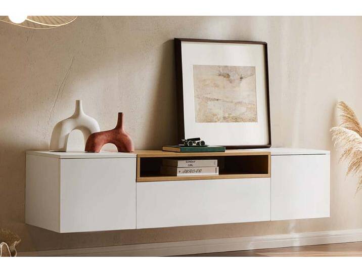 Hängendes TV-Board LOFT 160cm weiß natur drei Fächer mit Schublade Hängendes TV-Board LOFT 160cm weiß natur drei Fächer mit Schublade von Riess-Ambiente.de