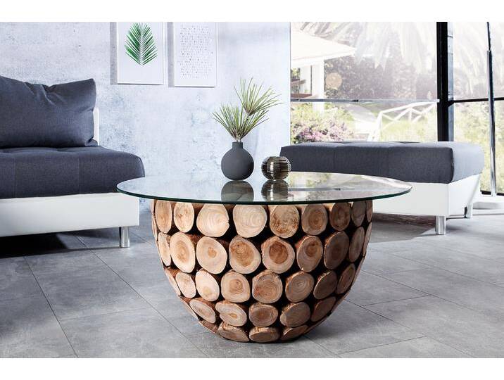 Handgearbeiteter Couchtisch PURE NATURE 70cm Teak Massivholz rund mit Glasplatte Sofatisch Wohnzimmertisch von Riess-Ambiente.de