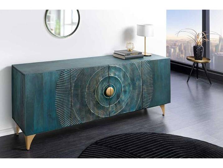 Handgearbeitetes Sideboard GOLDEN SUNSET 180cm türkis gold Mangoholz Metallbeine Glamour von Riess-Ambiente.de