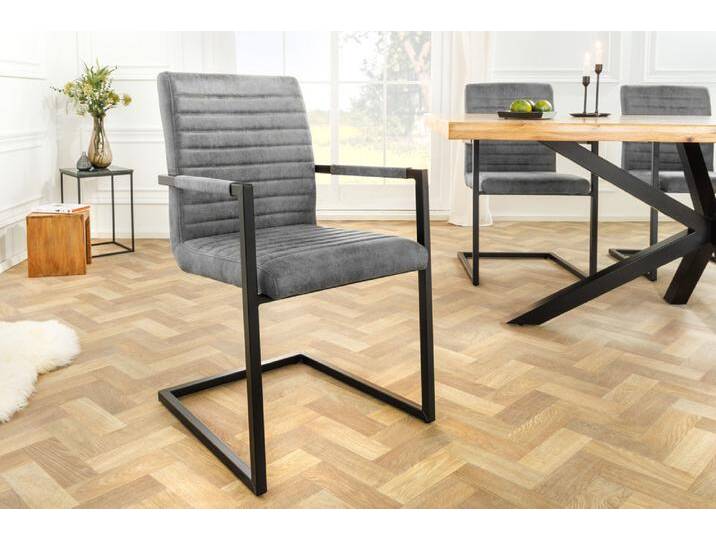 Industrial Freischwinger Stuhl LOFT vintage grau Microfaser mit Armlehne Eisengestell Polsterstuhl Esszimmerstuhl Küchenstuhl von Riess-Ambiente.de