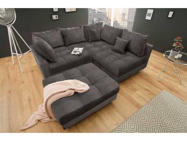 KENT Moderne Wohnlandschaft 220cm grau Samt Ecksofa Federkern, inkl. Hocker und Kissen, L-Form von Riess-Ambiente.de