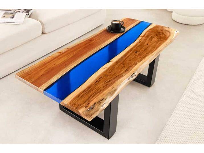 Massiver Couchtisch LIQUID 110cm braun Akazienholz Baumkante schwarz Eisen blau rechteckig Sofatisch Wohnzimmertisch Industrie & Loft Modern Rustikal von Riess-Ambiente.de